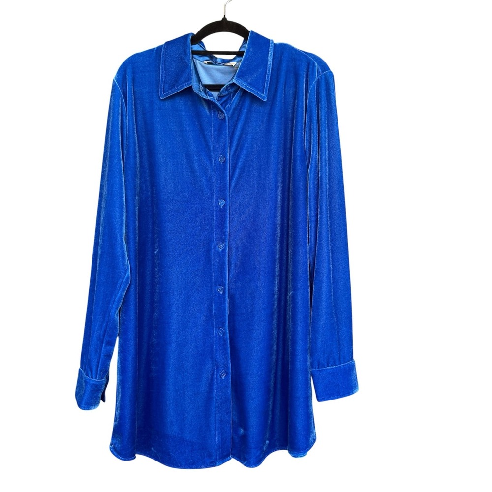 Soft Surroundings Shirt Womens XL Blue Velour Button Front Tunic Top Long Sleeve